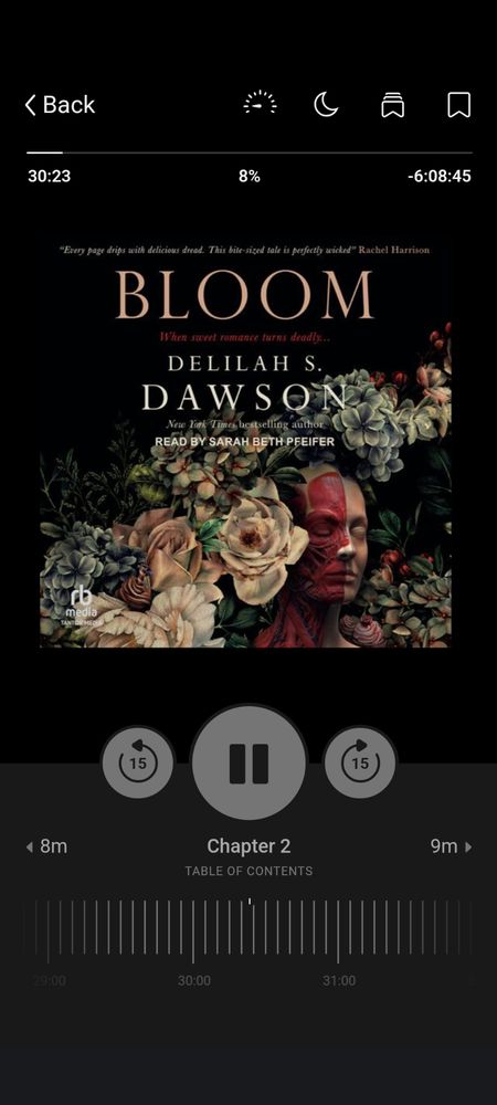 Screenshot of audio book title: BLOOM by Delilah S Dawson 
