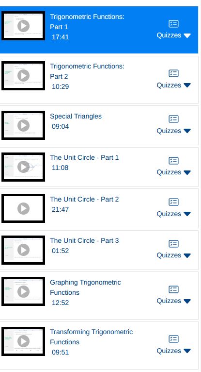 screenshot from my trig lesson for this week showing videos and quizzes on trigonometric functions and unit circles.