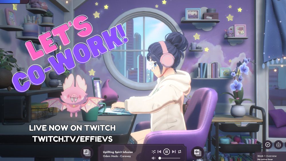 screenshot from Spirit City showing a blue-haired girl sitting at a computer desk with a pink bat next to her. large graphic text saying "LET'S CO-WORK!" and "live now on twitch.tv/effievs"