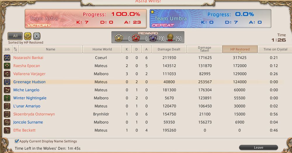 ffxiv screenshot of a CC match screen showing me taking 0 damage