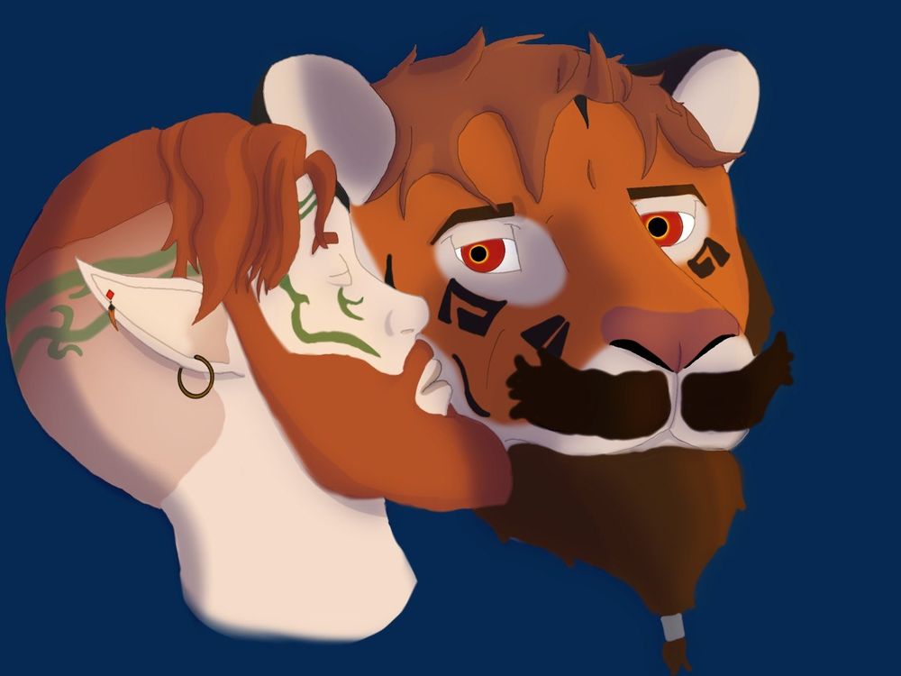 A presently annoyed Thackur with his woodelf husband Calen giving him a kiss on the cheek. Due to Thackur's RBF he looks neutral or slightly annoyed but he's actually smiling trust me ...