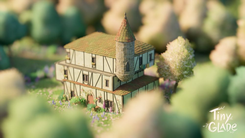 The back of a whimsical, Tudor-inspired house, with mismatched floors and colourful surroundings. A stone tower hangs to the back, floating. A 3D interpretation of the Lone House on Boggart Pass from The Eden Trilogy.