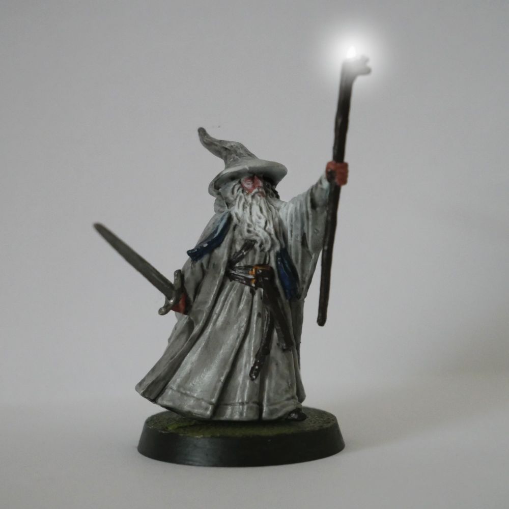 A Gandalf miniature, hand-painted, at 25mm scale.