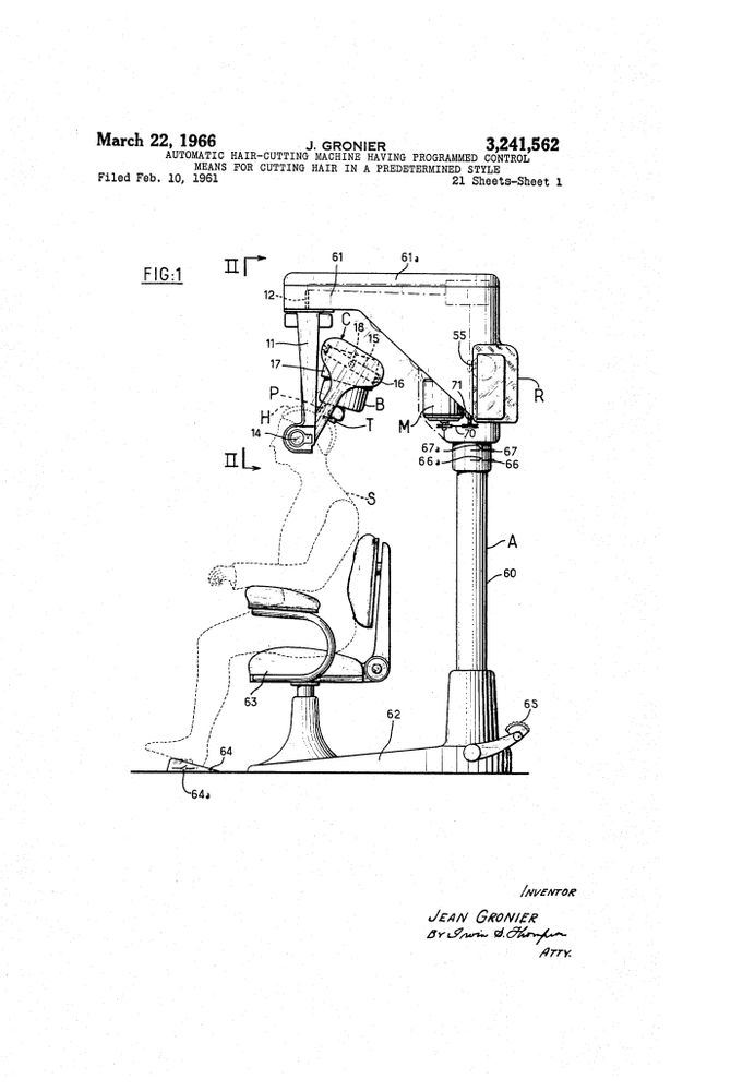 AUTOMATIC HAIR-CUTTING MACHINE HAVING PROGRAMMED CONTROL MEANS FOR CUTTING HAIR IN A PREDETERMINED STYLE

This thing looks like a human sized KitchenAid stand mixer except the business end is a bunch of machinery around a seated person's head.