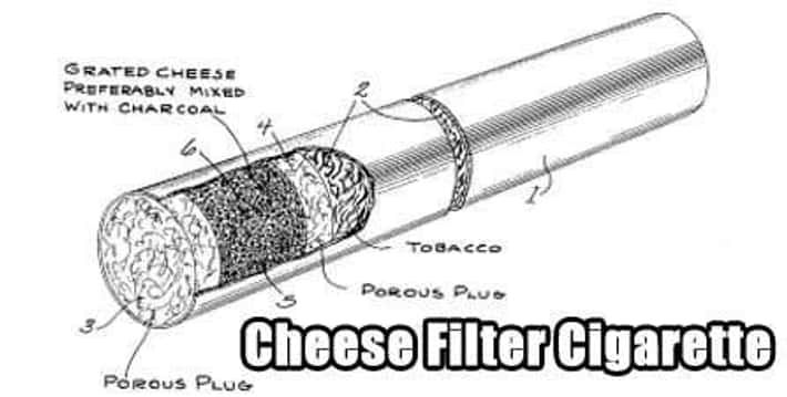 A diagram illustration of a cigarette that includes grated cheese mixed with charcoal as a part of the filter