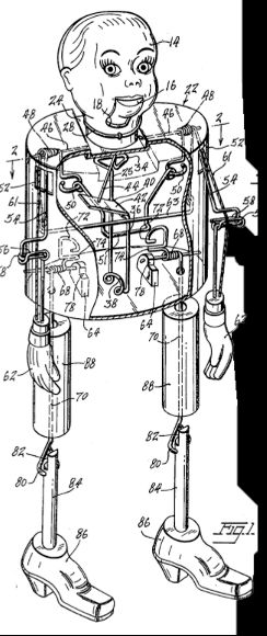 A patent illustration of a bipedal mechanism that is supposed to look like a weird doll boy thing standing. There are like 86 parts labeled with numbers. The body cavity looks to be filled with various looping wires maybe.