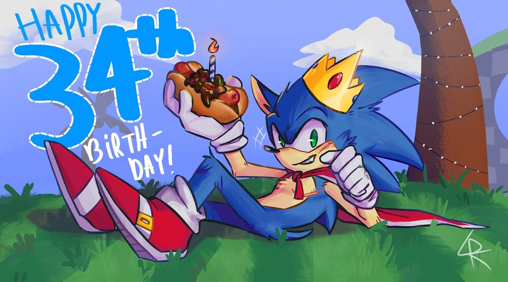 Drawing of sonic in his birthday attire with a chilidog in Greenhill