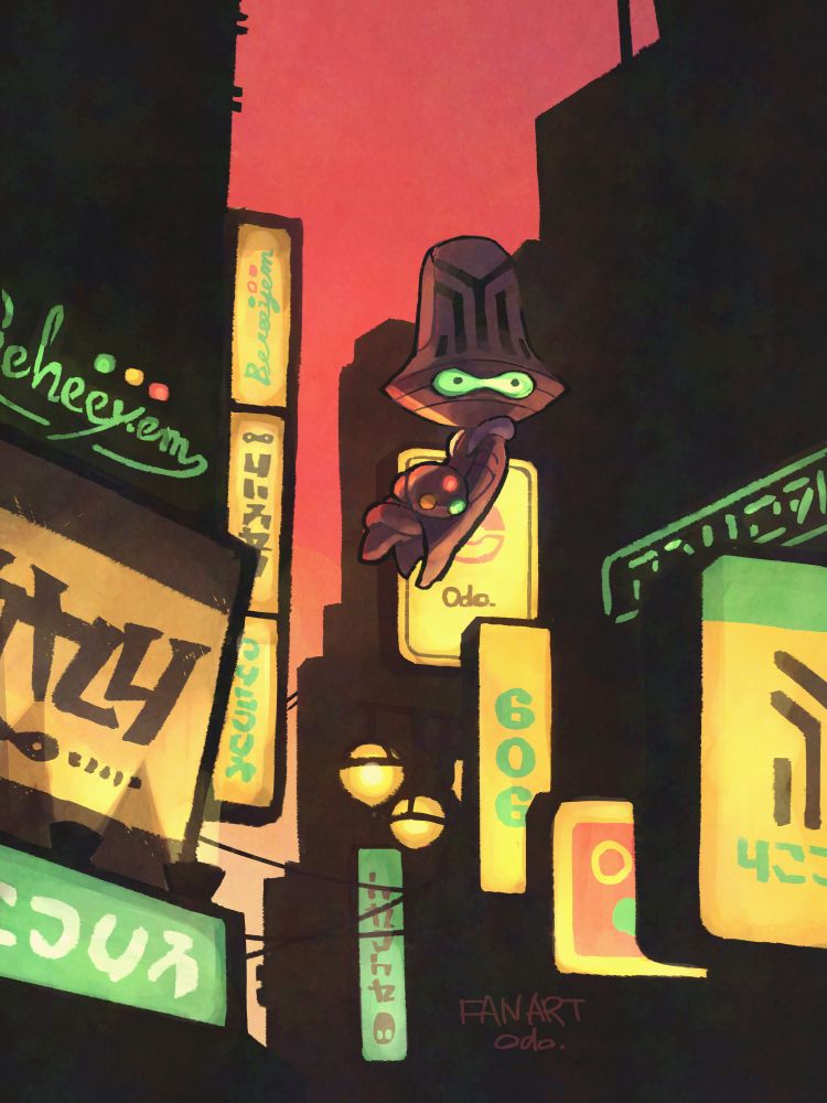 2024年「夜が来る」 夕方、あかりが灯り始めた繁華街の中オーベムが浮かんでいるイラスト オーベムは夜の街が目覚めていく様子をひとり見つめている