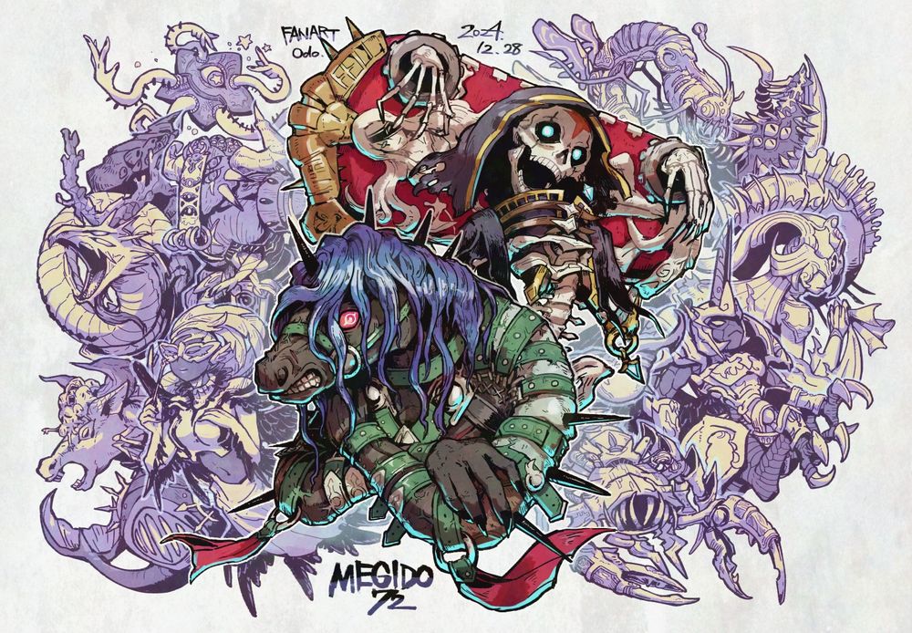 メギド72の7周年に向けて描かれたお祝いのファンアート 12名のメギド体が集合しており、中央にはビフロンス(上)とガミジン(下)が配置されている
