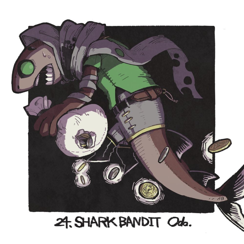 ダルマザメの盗賊が硬貨の入った袋を盗み逃走している 袋には小さな丸い穴が空いており、次々と硬貨が抜け落ちている