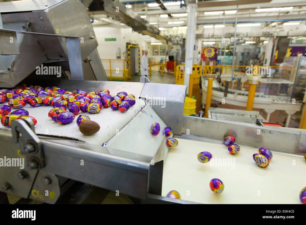 Alamy stock image of a cadbury creme egg production line, or as J.K. Rowling would understand it, a woman
