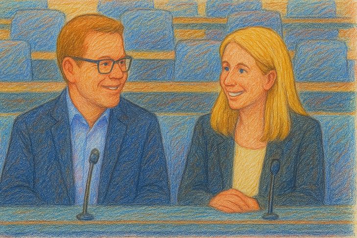 Carsten Schneider, designierter Umwelt- und Klimaschutzminister sowie Verena Hubertz, designierte Baumministerin, sitzen im Bundestag und reden miteinander. Das Bild ist im Stil einer Buntstiftzeichnung gehalten.