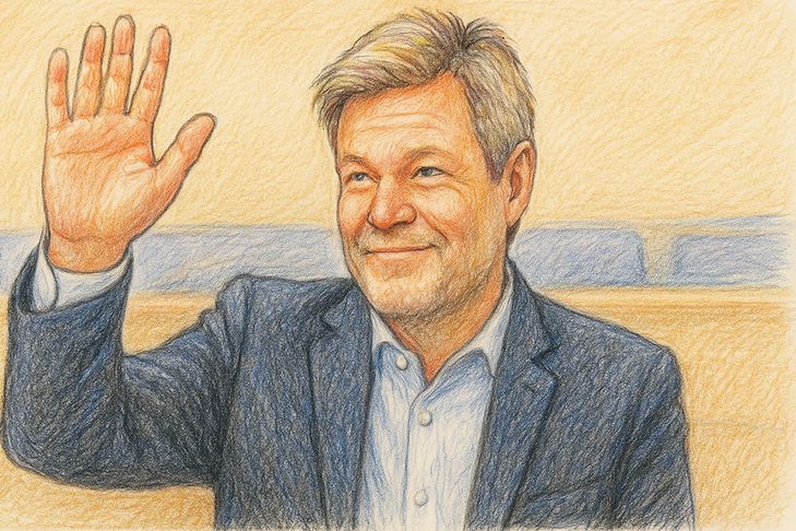 Ein in Buntstift-Schraffur angedeuteter Robert Habeck winkt von der Regierungsbank des deutschen Bundestages zum Abschied als Wirtschaftsminister.