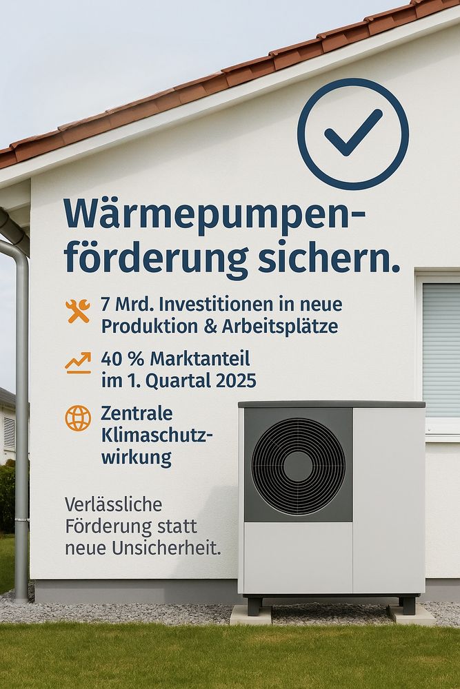Foto einer weißen Hausfassade mit Wärmepumpe im Vordergrund. Auf der Wand ist in großer blauer Schrift der Appell zu lesen:
„Wärmepumpenförderung sichern.“

Darunter drei Argumente mit Icons:

Schraubenschlüssel-Icon: „7 Mrd. Investitionen in neue Produktion & Arbeitsplätze“

Pfeil-Icon: „40 % Marktanteil im 1. Quartal 2025“

Globus-Icon: „Zentrale Klimaschutzwirkung“

Unten steht der Satz:
„Verlässliche Förderung statt neue Unsicherheit.“

Rechts oben ist ein großes Häkchen-Symbol als Signet.