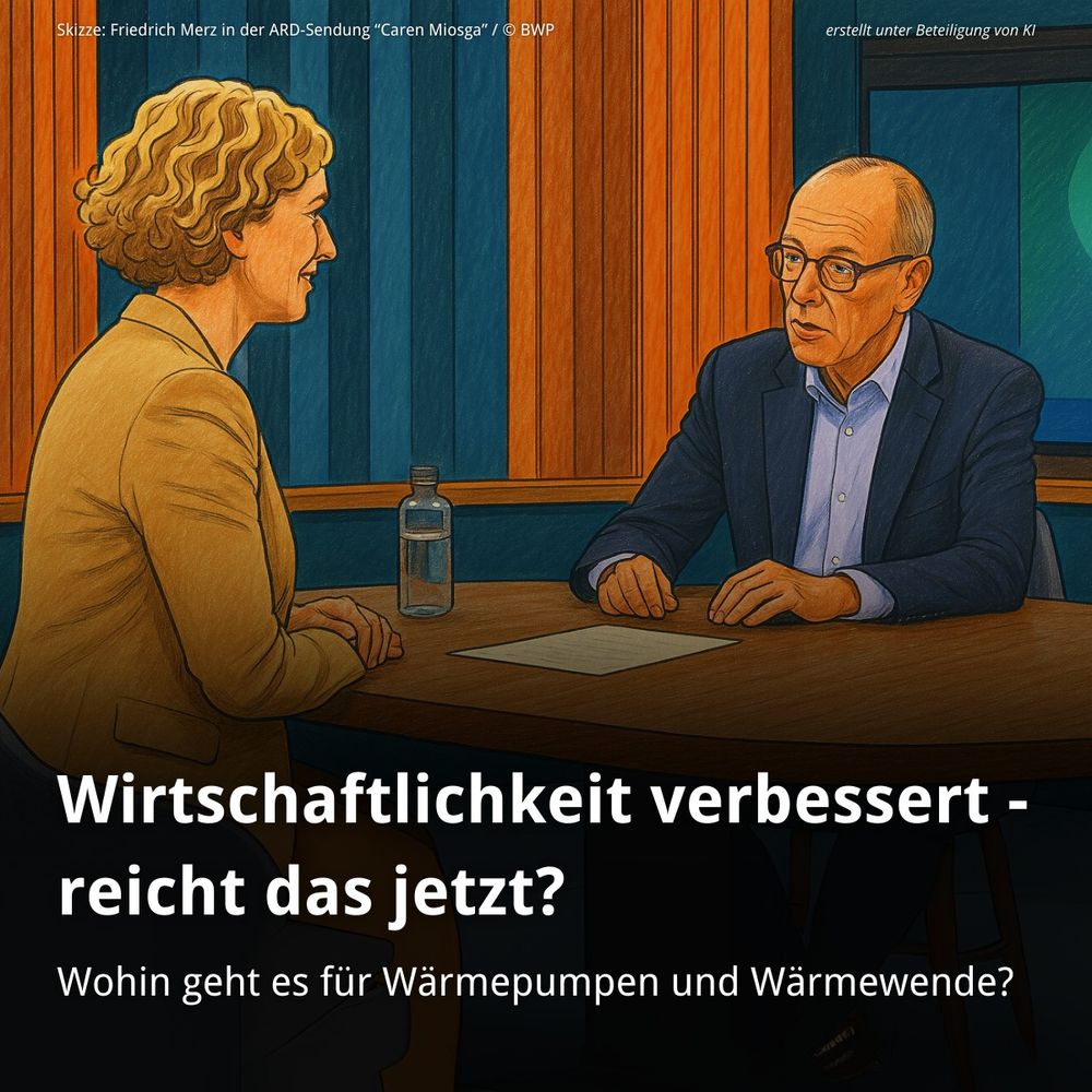 Illustration eines TV-Interviews: Eine Frau mit lockigen blonden Haaren und beigem Blazer spricht mit Friedrich Merz, der in einem dunkelblauen Anzug am Tisch sitzt. Zwischen ihnen stehen ein Wasserglas und eine Flasche. Im Hintergrund sind Holzlamellen und ein Bildschirm zu sehen. Text im Bild: „Wirtschaftlichkeit verbessert – reicht das jetzt? Wohin geht es für Wärmepumpen und Wärmewende?“ Skizze inspiriert von der ARD-Sendung „Caren Miosga“, erstellt unter KI-Beteiligung, © BWP.