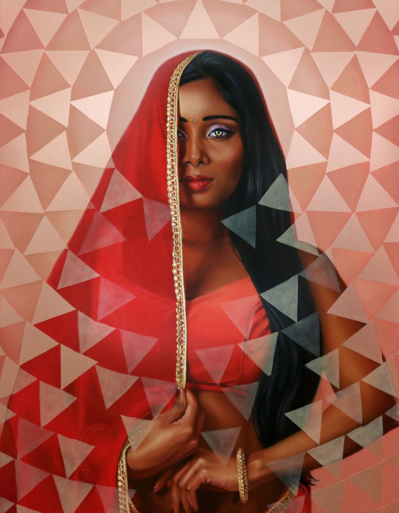 Painting of a woman in a red sari with glowing triangles around her