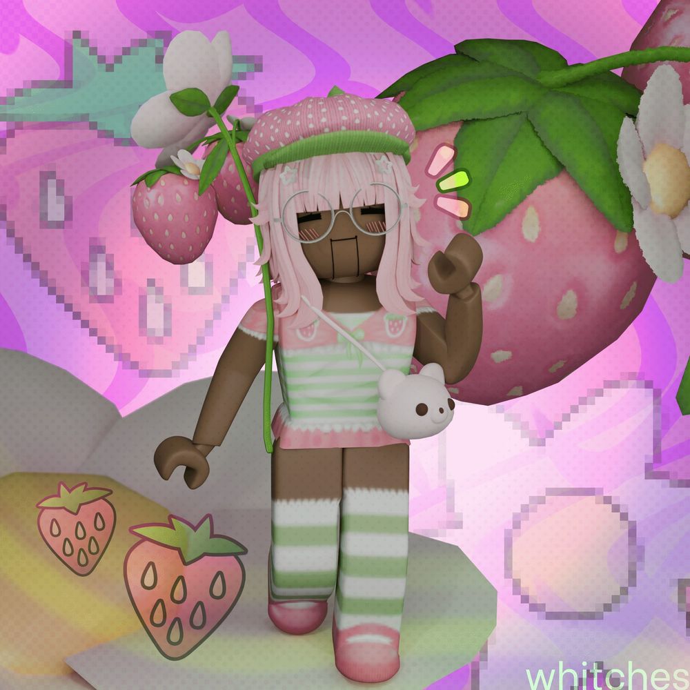 2-frame gif of a strawberry-themed roblox avatar standing on a flower