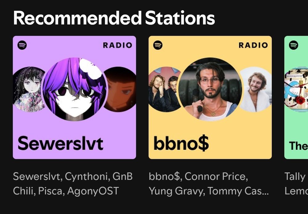 A screenshot of Spotify "Recommend Stations" showing Stations for the artists Sewerslvt and bbno$