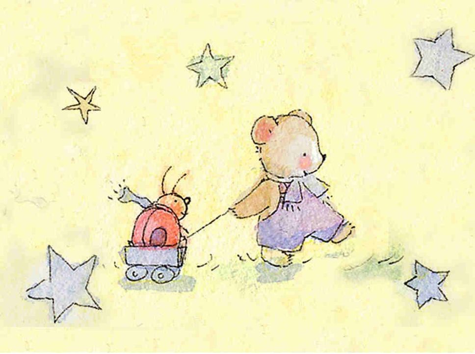 a whimsical illustration of a bear wearing overalls, pulling a small wagon with a ladybug in it. 
art by Becky Kelly