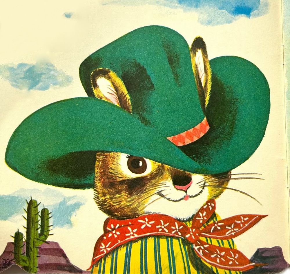 an illustration of a cat wearing a green cowboy hat in a Western background 

art from “The Hat Book: A Golden Shape Book” by Leonard Shortall, 1965