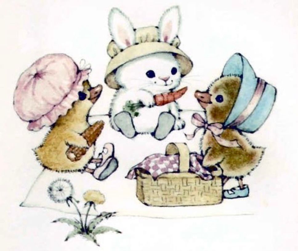 an illustration of two ducklings and a bunny sitting on a picnic blanket
art by Ruth Morehead (1926-2004)