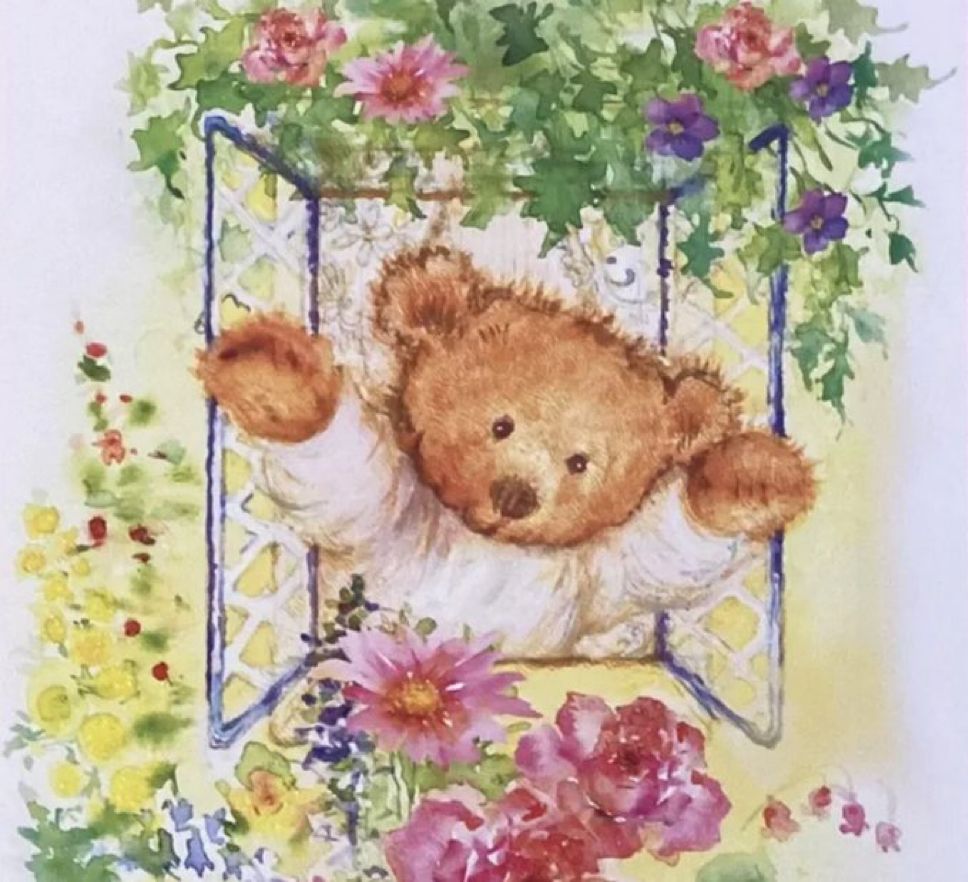 illustration of a teddy bear opening a window surrounded by flowers.
art by Mary Hamilton (1936-2017)