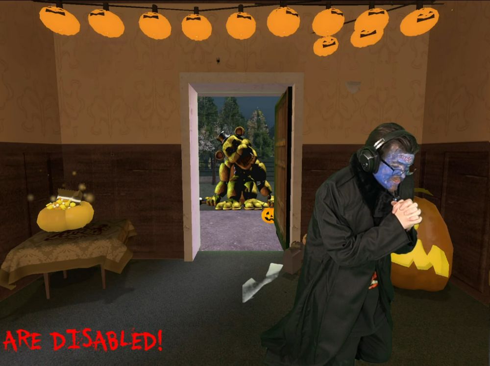 Wayne "radiotv" dressed up as blue frankenstein is on his knees, deep in thought as he clasps his hands in prayer.

oh god oh fuck watch out behind you it's a golden freddy staring at you through the open front door


(act 3 scene 3 of hamlet is the moment where the king is admitting his murder and asking the heavens for forgiveness, and hamlet shows up planned to kill him but decides to stop because he's in the middle of praying)