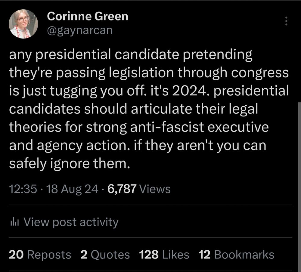 Corinne Green

@gaynarcan

any presidential candidate pretending they're passing legislation through congress is just tugging you off. it's 2024. presidential candidates should articulate their legal theories for strong anti-fascist executive and agency action. if they aren't you can safely ignore them.

12:35 18 Aug 24.

6,787 Views

View post activity

20 Reposts

2 Quotes

128 Likes

12 Bookmarks