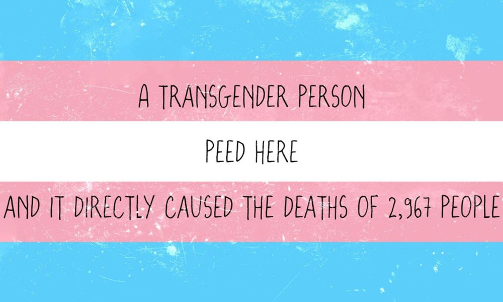 trans flag with the text:

A TRANSGENDER PERSON
PEED HERE
AND IT DIRECTLY CAUSED THE DEATHS OF 2,967 PEOPLE