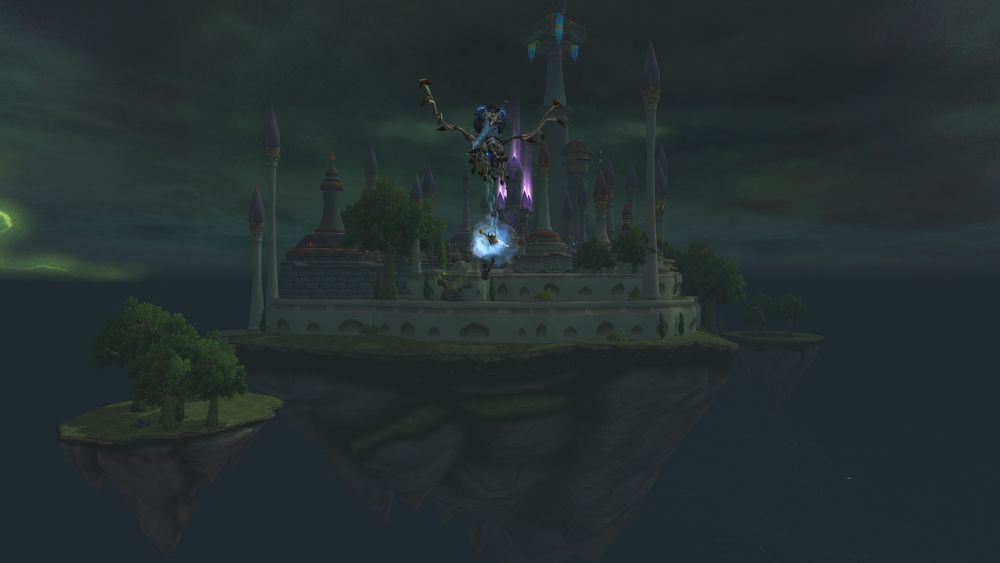 world of warcraft screenshot showing a death knight flying a bone gryphon, dragging a paladin on a chain behind them. dalaran is in the background