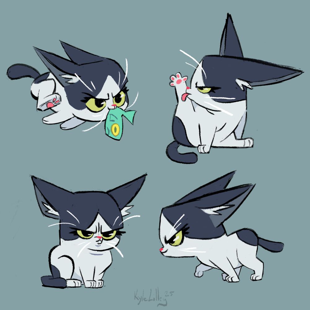 4 drawings of a small black and white cat. First one she's running with a fish in her mouth. Second one shes licking her foot. Third one she is sitting looking annoyed. Fourth one she is stalking something. 