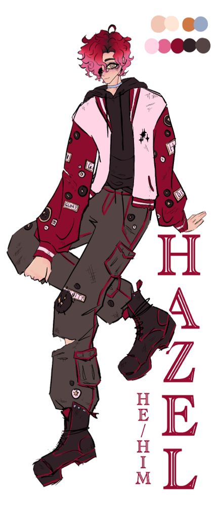 A roughly coloured digital sketch of my oc Hazel (he/him) with his colour swatches and name.
He has short messy curly hair thats dyed pink and it covers one half of his face. His visible eye is orangey blue and cracked. He wears a silver choker/collar. Haz wears a dark brownish hoodie with a battered pink and magenta letterman jacket over top. The jacket sleeves are covered in patches. He also wears battered greyish cargo pants with red stitching that also have a variety of patches on them. He wears boots with little spikes on the top of them (he sewed them on himself trust)