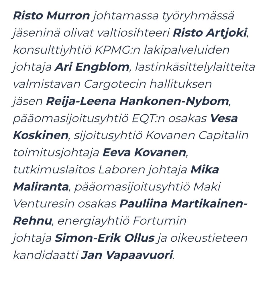 Risto Murron työryhmän kokoonpano. Tutkijoita yksi muut jäsenet pitkälti yritysten edustajia. 