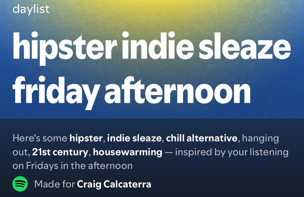 Spotify playlist: Hipster Indie Sleaze Friday afternoon: Here's some hipster, indie sleaze, chill alternative, hanging out, 21st century, housewarming — inspired by your listening on Fridays in the afternoon. Made for Craig Calcaterra