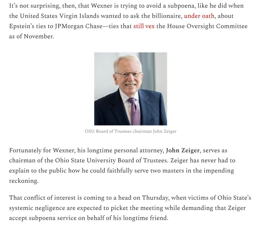 Story in the Rooster about Leslie Wexner, who has closely tied to Jeffrey Epstein, evading a subpoena in a different sexual abuse case. Pictured is Wexner's personal lawyer, John Zeiger. 