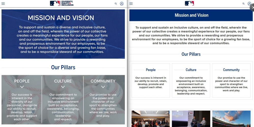 Two versions of MLB's "diversity" page. On the left the word "diversity" is included. On the right, the new version, the word "diversity" is scrubbed. 