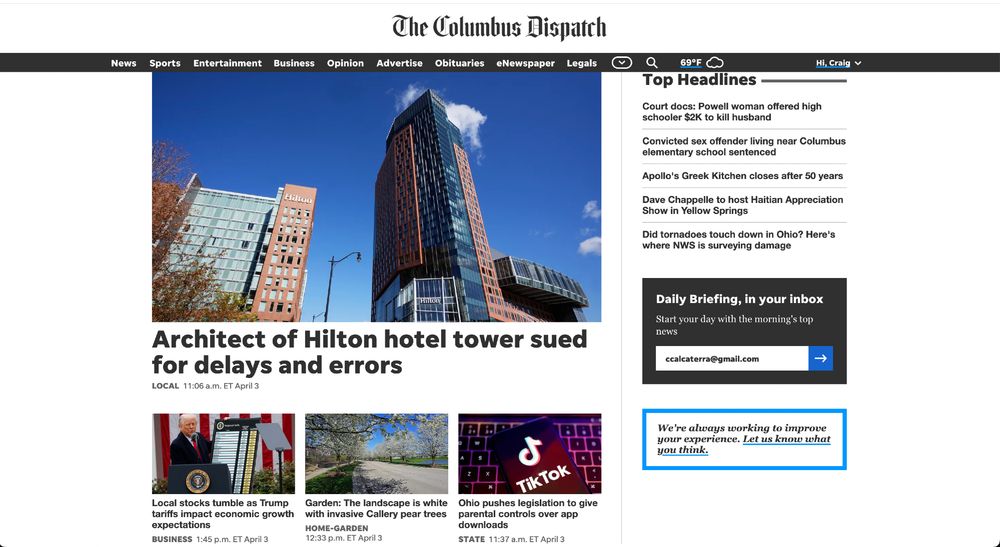 Local newspaper home page. One tiny story in the corner teased with the headline "local stocks tumble as Trump tariffs impact economic growth expectations."