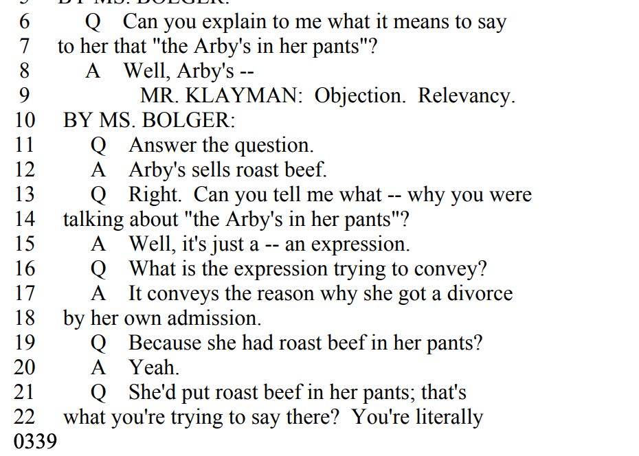 Deposition of Laura Loomer in which she is asked about tweeting "the Arby's in your pants" to Marjorie Taylor Green. She is asked what that means and the lawyer is saying stuff like ""she'd put roast beef in her pants? That's what you're trying to say here?"