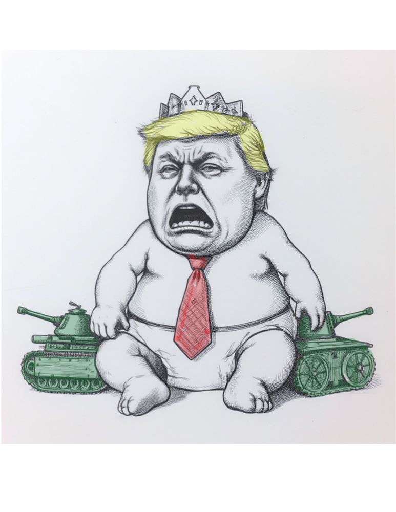 An ugly fat baby Trump holding tanks and throwing a tantrum 