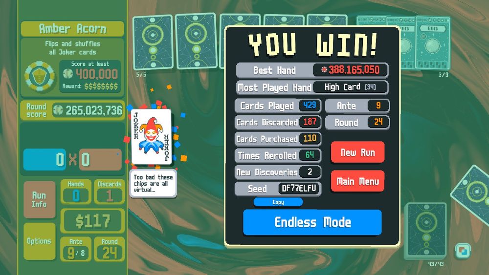 screenshot of me winning a gold stake run with the zodiac deck in balatro