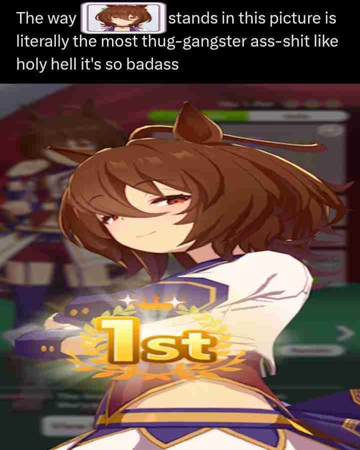 stretched and slightly compressed screenshot of Agnes Tachyon's victory pose with the caption "The way (Agnes Tachyon) stands in this picture is literally the most thug-gangster ass-shit like holy hell it's so badass"