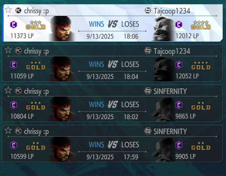 screenshot of my Street Fighter 6 match history showing me climbing from Gold 2 10599 LP to Gold 3 11373 LP as Ryu