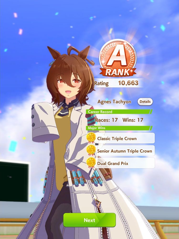 screenshot of Umamusume showing Agnes Tachyon with an A rank rating of 10663