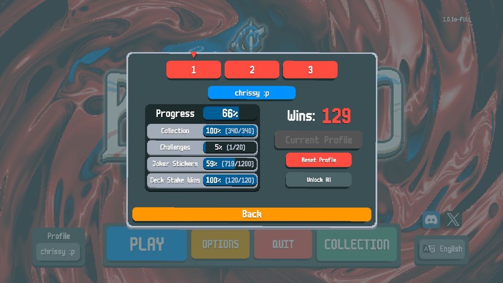 screenshot of my profile stats in balatro showing 100% deck stake wins