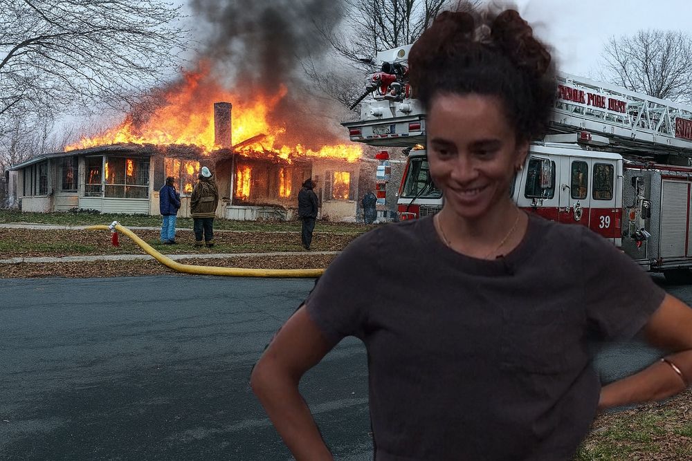 morgan smiling with a house on fire behind her meme bb27. 