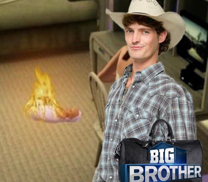 rylie bb27 photoshopped on to a meme with a sims baby on fire. there is also a photoshopped duffel bag with the big brother logo on it. 