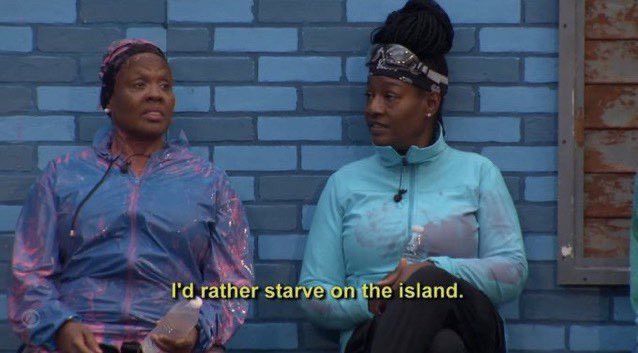 cirie and Felicia sitting on after the wall comp covered in paint. the caption says, “I'd rather starve on the island.”