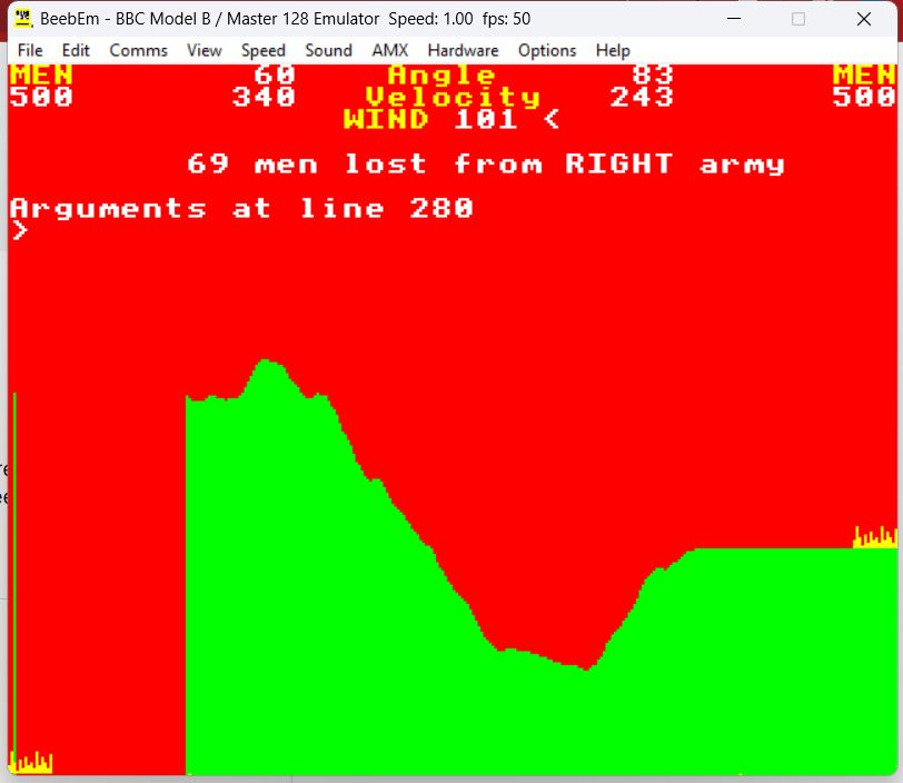 Half-finished Battle Hill with half the hill missing and an error message displayed "Arguments at line 280"
