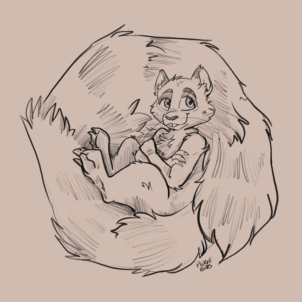 Pen sketch of a slightly-toony feral squirrel sitting back/chilling, looking at the audience with his front legs crossed. He's sitting on his giant fluffy tail that is wrapped around him.