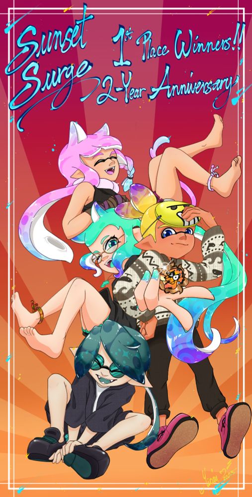 Commissioned art prize for the Sunset Surge 2nd Year Anniversary Tournament. 1st place goes to Mia (pink/blue Inkling cat), ShinyPinkin (turquoise octo cat), Blopwher (yellow inkling), and Typo (dark emerald inkling).